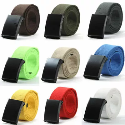 Mens Womens Unisex Cotton Canvas Fabric Webbing Black Buckle Belt Army • £3.29