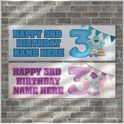 2 PERSONALISED ELEPHANT 3rd BIRTHDAY PARTY BANNERS - PINK OR BLUE - ANY NAME • £3.69