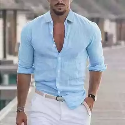 Men's Shirt Cotton Linen Sleeve T-shirt Short Plain Shirts Casual Mens *20% OFF* • $23.99