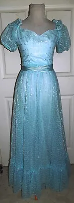 Vintage LIght Blue Puffy Sleeve Dress Gown Satin Roses B36 • $28.99