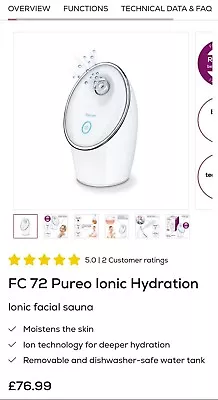 Beurer FC72 Pureo Ionic Facial Sauna - Skin Hydration - New RRP £76.99 • £35