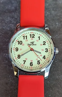 Magic Field Men's 38mm Silver Tone Watch Red Silicone Bands NIB • $15