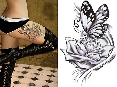 £2.89 • Buy Temporary Tattoo Large Black Rose Butterfly Body Art Fake Waterproof Ladies