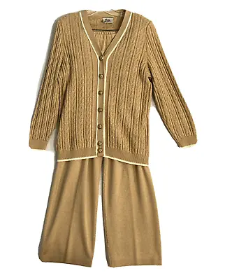 VTG Knit MITA Set Sweater Knit Pant Suit Beige Gold Buttons Size 12 USA 25 X 29 • $99.99