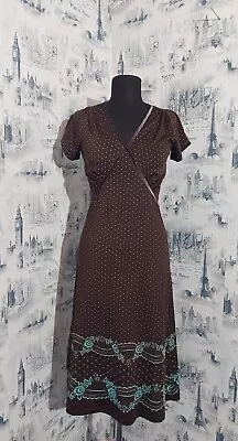 🌈King Louie Dress Brown Polka Dot Knee Length Dress Sz S Short Sleeve V-Neck • £43.37