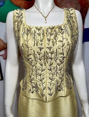 1950’s BEADED EVENING GOWN Vintage Dress Yellow Shantung 1960’s Couture Designer • $149