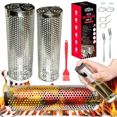 UPGRADED 2 Rolling Grilling Baskets Stainless Steel BBQ Grill For Vegetable Fish • $24.75