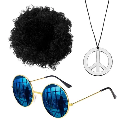 £10.12 • Buy 3 Pieces Hippie Costume Set Funky Afro Wig Retro For 50/60/70s Theme Party
