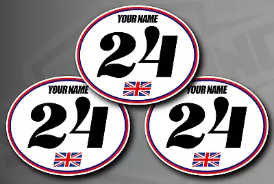 3 X Retro Oval Race Number Stickers - Custom Name Flag - Vinyl Decals Car Track • £12.60