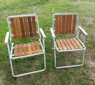 Pair Of Vintage Aluminum 6 Wood Slat Folding Patio Lawn Chairs • $160