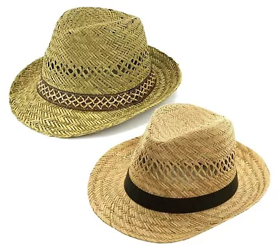 New Hawkins Natural Straw Trilby Hat  Unisex Mens Womens Fedora Sun Summer • £8.75