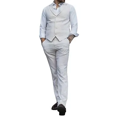 Mens Summer Suit Waistcoat Trousers Linen Smart Formal Cream Beige Wedding • £69.99