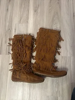 Minnetonka Moccasin Boots Women Size 9 Brown Suede Leather 5 Tier Fringe 1652 • $28.99