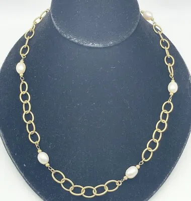 Veronese Sterling Silver 18k Gold Over Pearl Station Rolo Chain Necklace 20” • $34