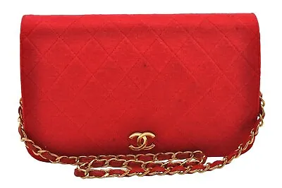 Authentic CHANEL Vintage Cotton Matelasse Chain Shoulder Bag Purse Red CC 4636I • $980