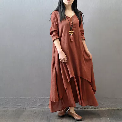 Women Cotton Linen Long Sleeve Dress Casual Boho Kaftan Gypsy Ethnic Maxi Dress • £13.99