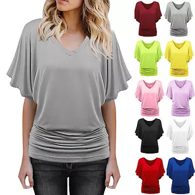 $20.95 • Buy Womens Casual Plus Size Solid V-Neck Batwing Sleeve Fold Hem Loose Tops T-shirt