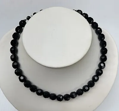 Vintage Jet Black Faceted Glass Bead Necklace Adjustable To 16.5” Hook Clasp • $22.75