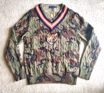 Polo Ralph Lauren Camo Varsity Tiger Patch V-Neck Cable Knit Sweater Size M • $115