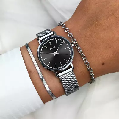 Cluse Boho Chic Petite Swarovski Stones Black 28mm Dial/Silver Mesh CW10502 • $169