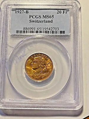 #A3974/370Switzerland Gold  20 Fr PCGS MS65 1927 B Nice Coin • $522