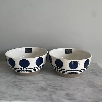 Dartington Stoneware Blue/white  Eat   Spot And Wave  Cereal Bowl Pair - New (b) • £18.95