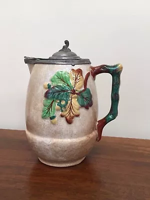 Antique Majolica SYRUP PITCHER With Embossed MAPLE LEAF BRANCH & Tin Lid • $79.99