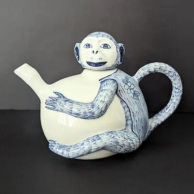Vtg Blue And White Chinoiserie Monkey Teapot Grandmillenial Style Made In Taiwan • $49.99