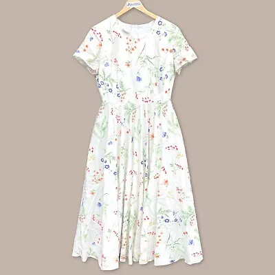 LAURA ASHLEY | Vintage 80s White Cotton Floral Prairie Midi Dress UK 18 • $49.99