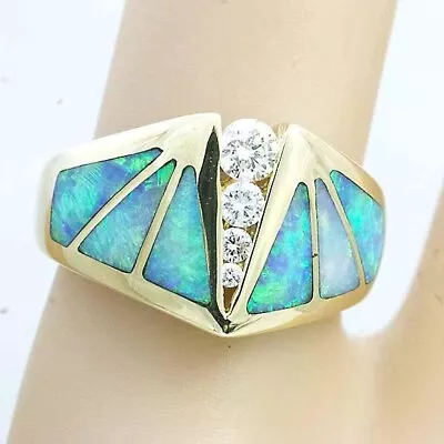 Kabana Opal Inlay And 4 Diamonds 18k Yellow Gold Wide Band Ring 8.36g • $1899