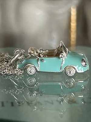 Tiffany & Co Silver 925 Blue Enamel Convertible Car Charm Pendant Necklace 16 In • $2299.20