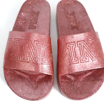Victoria's Secret PINK Glitter Jelly Slides Sz M 8-9 Logo Slip On Pink Sandals • $29.99