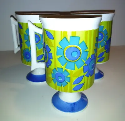 3 Vintage Mid-Century 60's/70's Porcelain Pedestal Coffee Cups Mod Flowers • $18