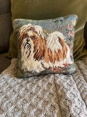 Vintage Long Haired SHIH TZU Dog Florals Needlepoint Pillow 10” Velvet Back • $34