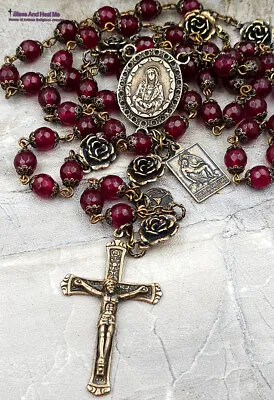 Seven Sorrows Pieta Good Hope Red Agate Vintage Bronze Antique Style Rosary • $159