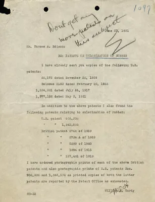 Thomas A. Edison - Typed Letter Signed 06/23/1921 Co-signed By: William A. Hardy • $1400