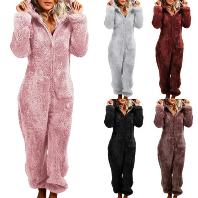 $40.56 • Buy Womens Fluffy Fur Hooded All In One Zip Jumpsuit Winter Warm Fleece 1Onesie PJs