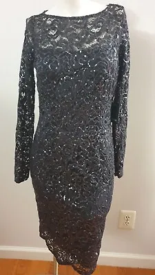 New Marina Sequine Lace Long Sleeve Sheath Black Dress Size 4 • $49.99