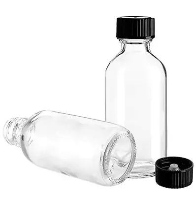 30 Pack 2 Oz Small Clear Glass Bottles Boston Round With Black Poly Cone Cap - S • $32.94