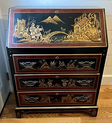 Vintage Maddox Chinoiserie Asian Desk With Original Key Black Lacquer Secretary • $350