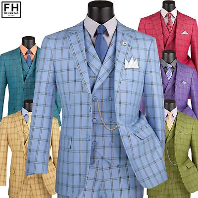 VINCI Men's Windowpane 3-Piece Suit 38S-56L 6 Colors Modern Fit - NEW • $140