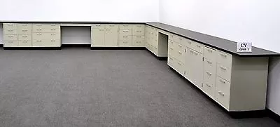 38' Laboratory L Design Cabinet Group W/ Black Tops / Desk Areas / E1-527 • $14250