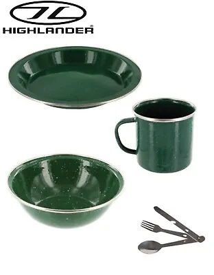 Highlander GREEN ENAMEL Camping Cook Dining Set Mug Bowl Plate + Cutlery Set • £14.95