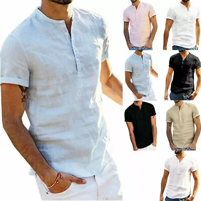 £13.29 • Buy Mens Henley Short Sleeve Shirts Tops Summer Plain Casual Loose Grandad T-Shirt 