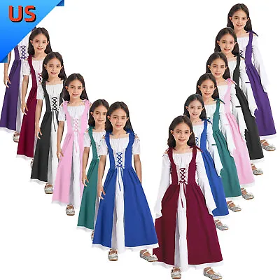 US Kid Girls Medieval Renaissance Gown Lace Up Halloween Princess Robe Dress Up • $21.28