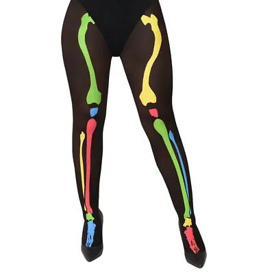 Neon Bone Tights Skeleton Stockings Ladies Halloween Fancy Dress Accessories • £3.99