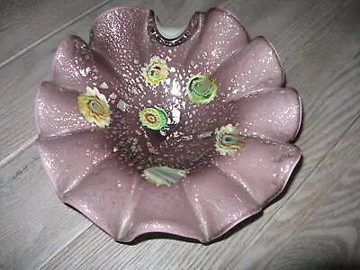 Murano Art Glass Ruffled Bowl Millefiori Mauve Silver Flecks 9.5  • $17