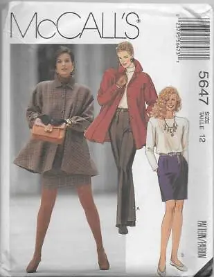 McCall's Sewing Pattern 5647 Misses' Swing Jacket Top Skirt & Pants Size 12 • $10.99