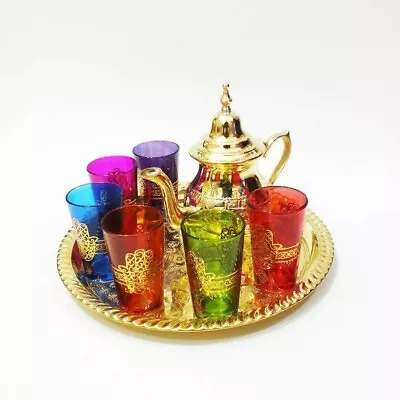 Moroccan Tea Glasses Vintage Set Of Handmade Teapot Tea TraySet Of 6 Tea Cups • $160