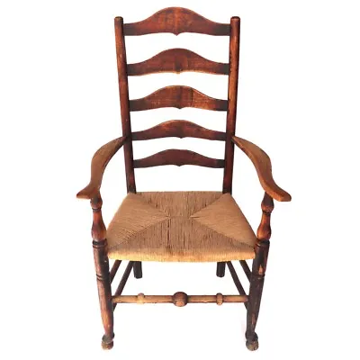 Antique English Georgian Oak Ladderback Twisted Paper Cord Seat Armchair C. 1800 • $595